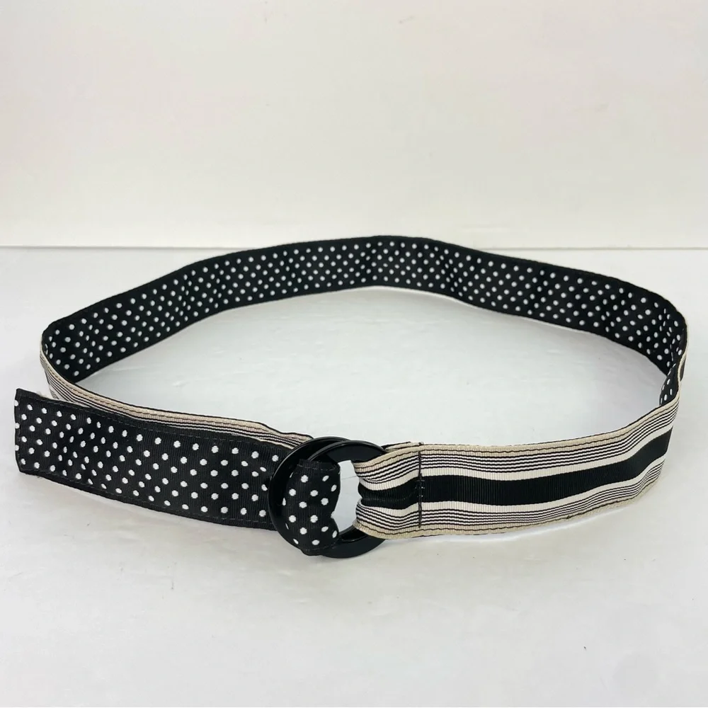 Black White Polka Dot‎ Striped Reversible Ribbon Belt Double Ring